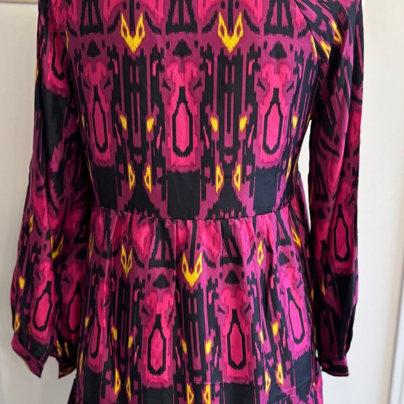 MARIE OLIVER TIERED SILK PINK, BLACK & YELLOW LONG SLEEVE DRESS LARGE - Picture 4 of 14